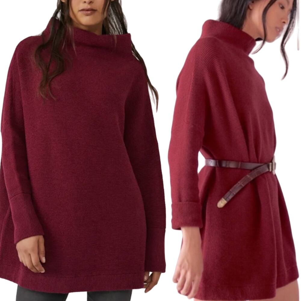 Free People Ottoman Sweater Funnel Neck Oversized Ribbed Maroon Red Womens Small